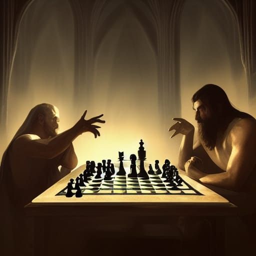 God and Devil Chess Game in Dark Fantasy Style