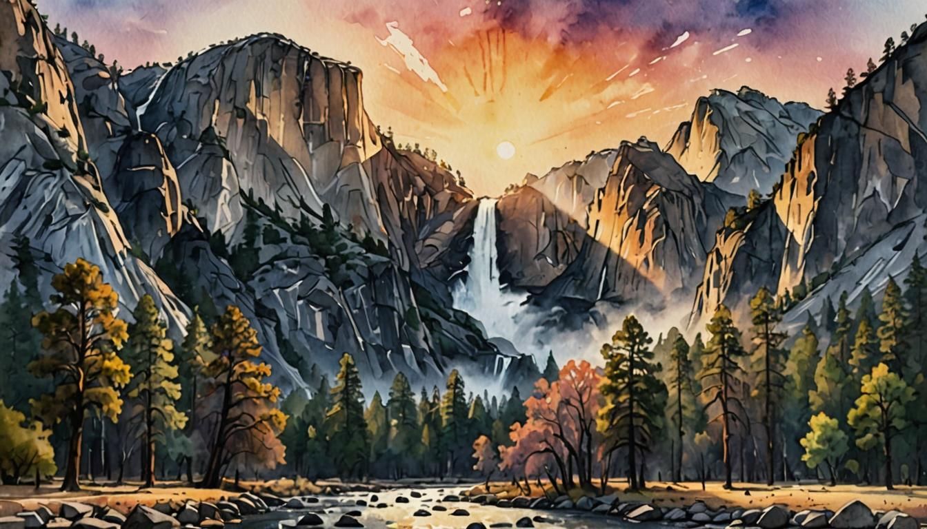 Sunset Over Yosemite Falls: Dark Watercolor Art