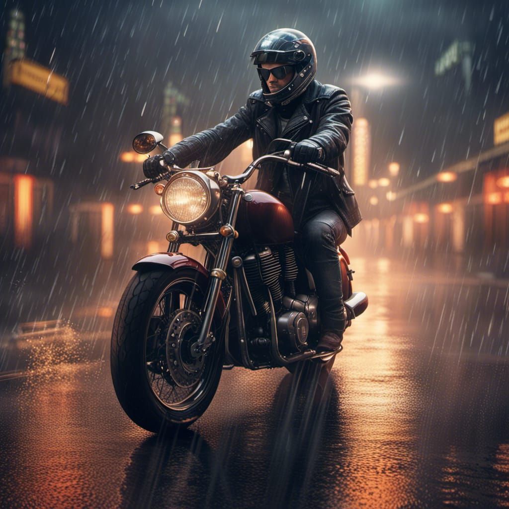 Biker in Rain on Classic Motorcycle: Matte Painting