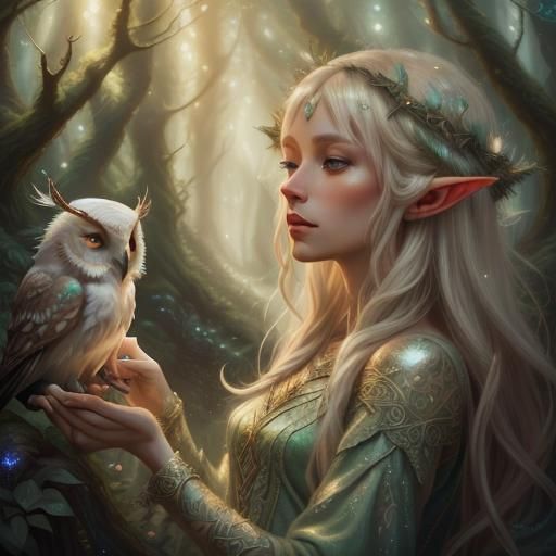 Enchanted Elf in Forest with Animals, Oil Painting