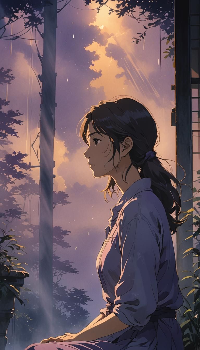 Anime Woman in Shadows: Watercolor Realism Portrait