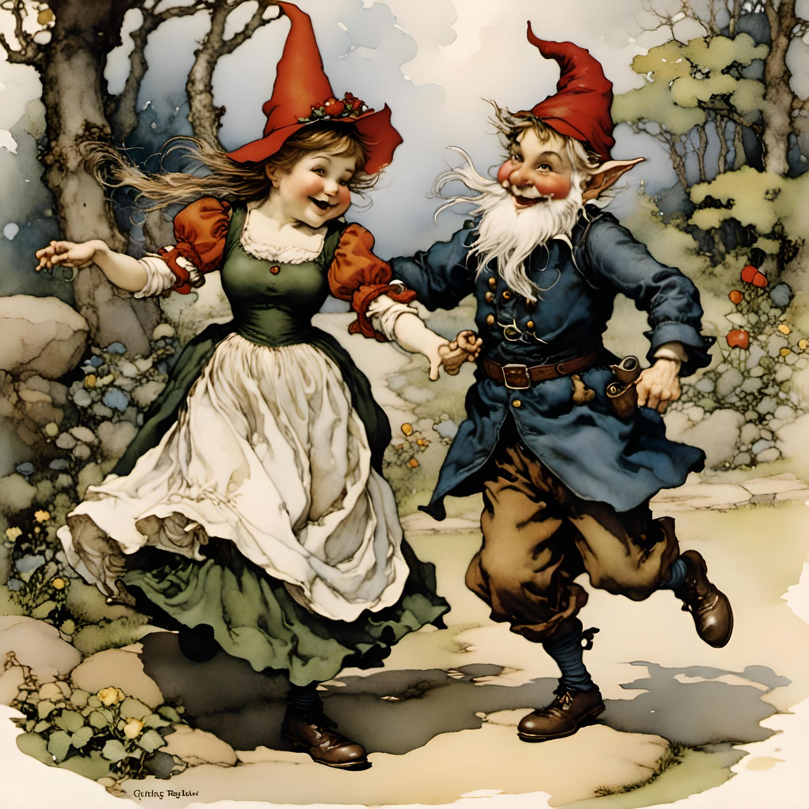 <lora:OutsideGnomes:1.0> gnome husband and wife dancing