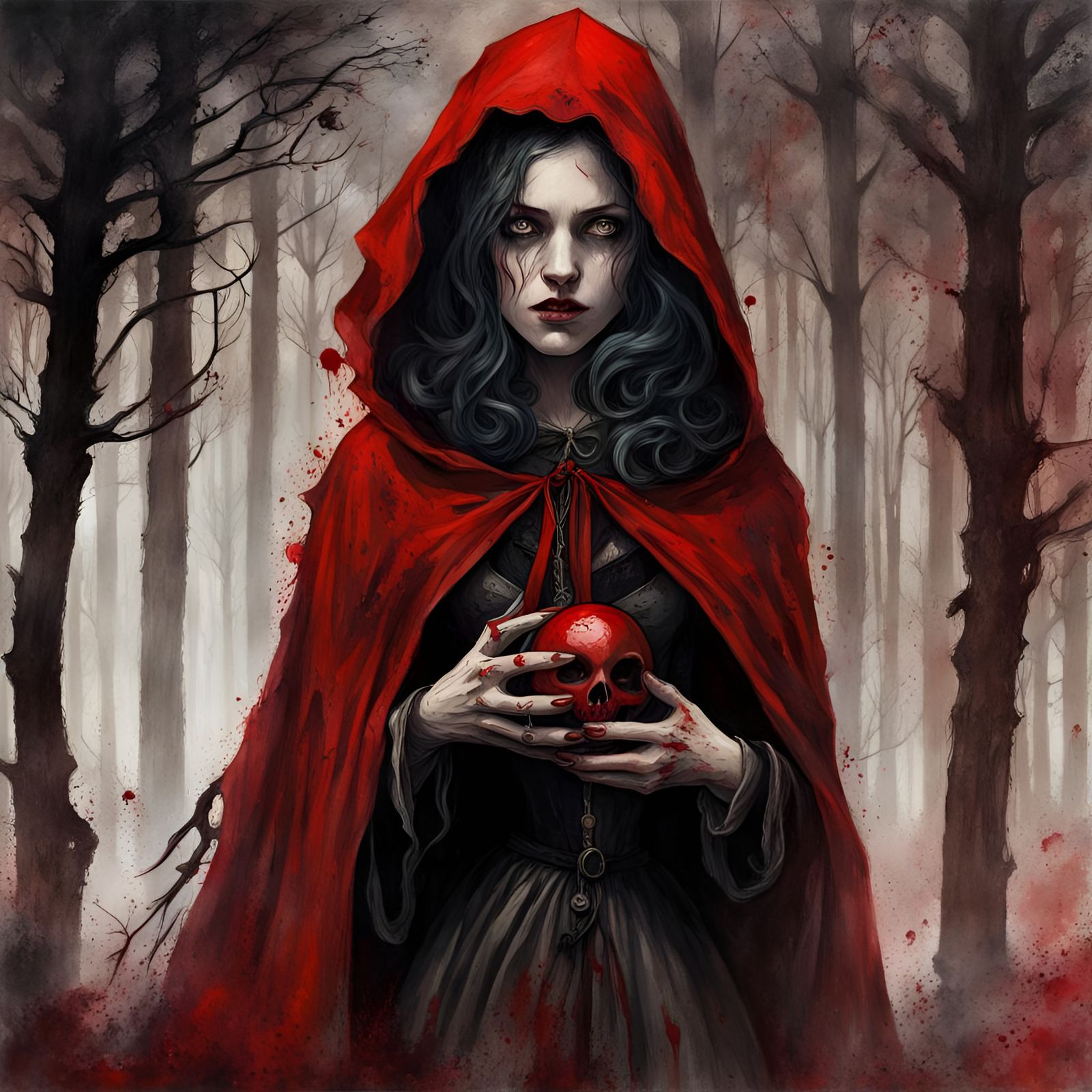 Gothic Red Riding Hood in Dark Forest