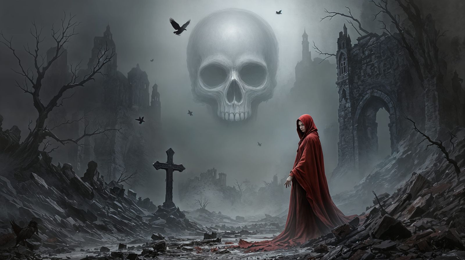 Gothic Woman in Crimson Robe, Foggy Ruin Landscape