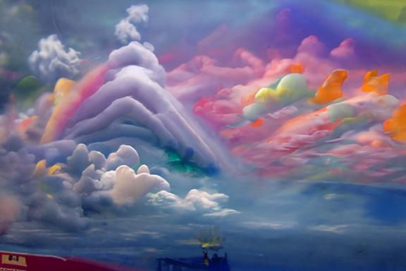 Cloud formations. Rainbow connection. Magical atmosphere. Gerard David oil painting. 8k resolution cubist Kodak Ektar su...