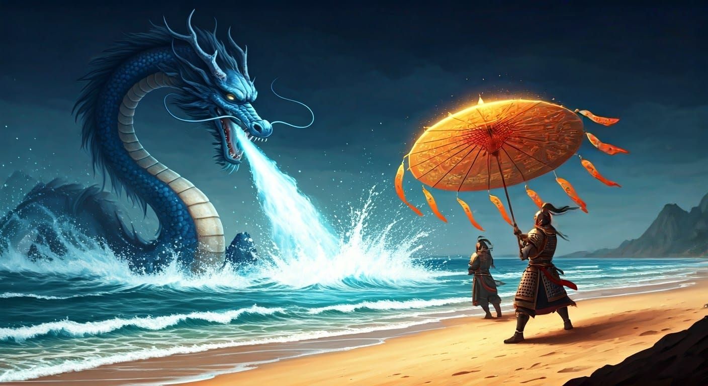 Chinese Dragon Faced by Brave Warriors in a Magical Storm