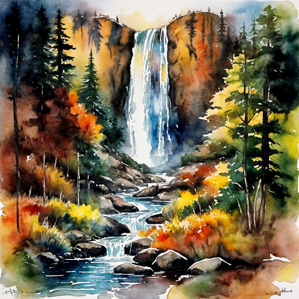 Cascading Waterfall in a Vivid Watercolor Landscape