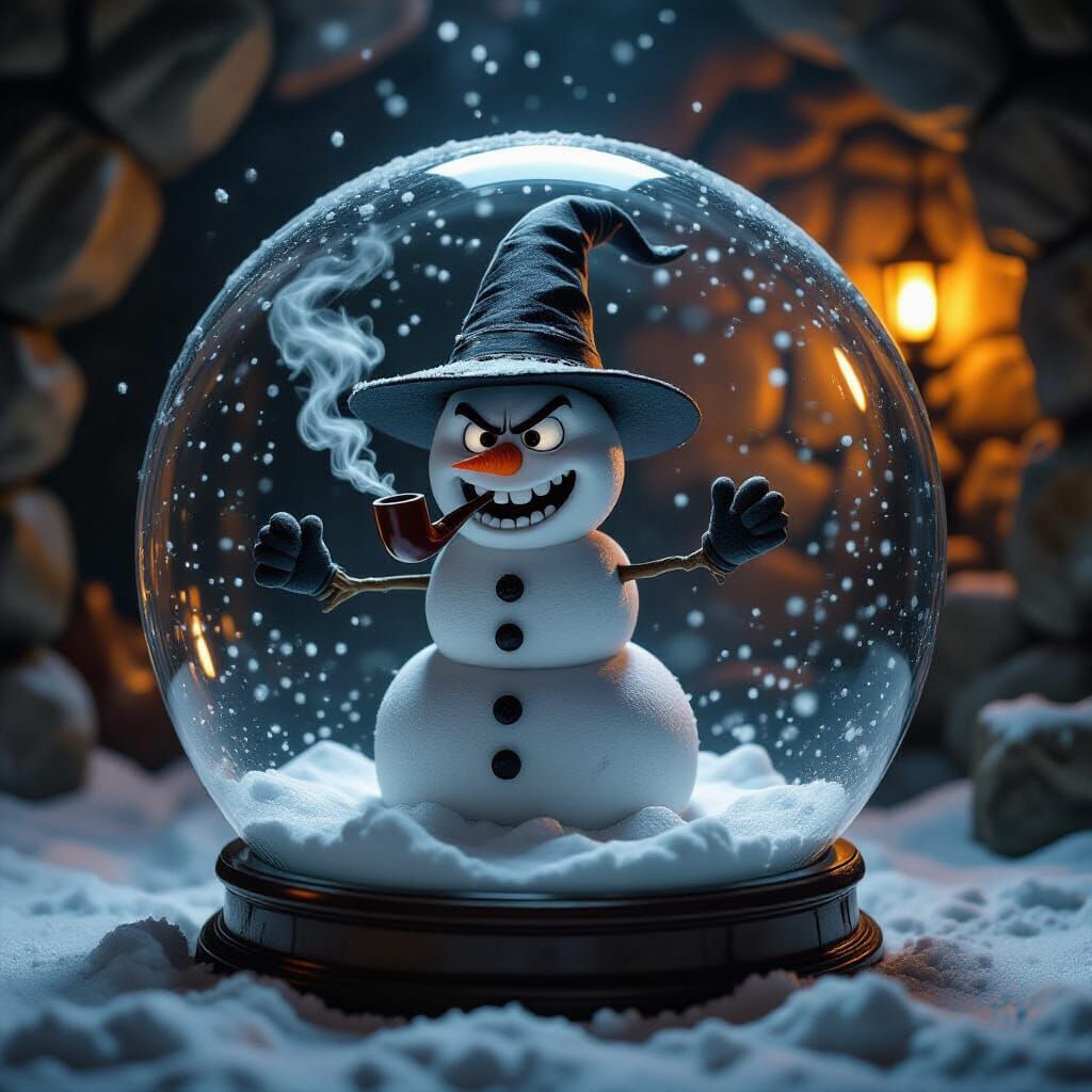 Grumpy Snowman Trapped in Snow Globe Surreal Scene
