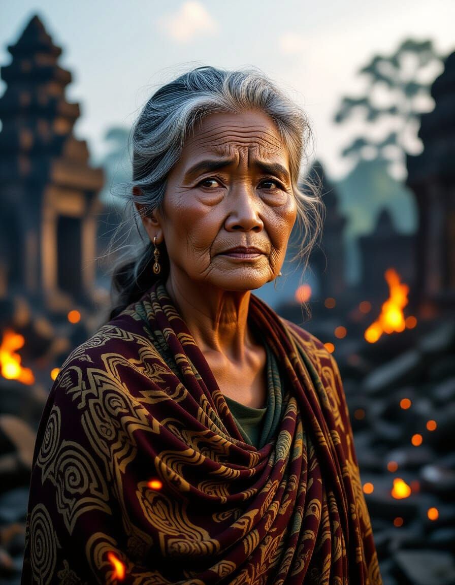 Resilient Woman Amidst Ruins: Dystopian Realism Portrait