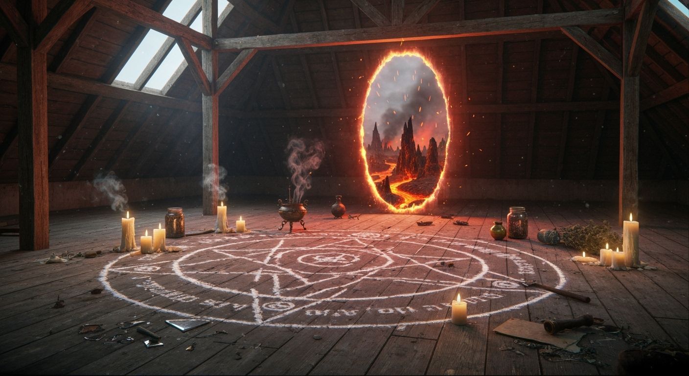 Gritty Abandoned Loft with Occult Magic Circle Portal