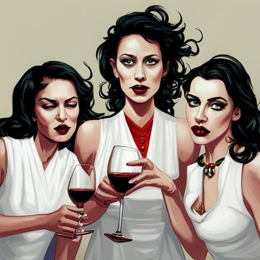 Sinister Female Vampires Drinking Wine