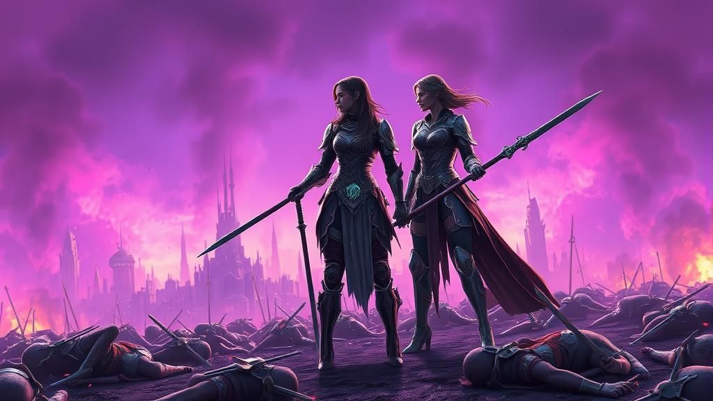 Futuristic Female Warriors in a Burning Battlefield