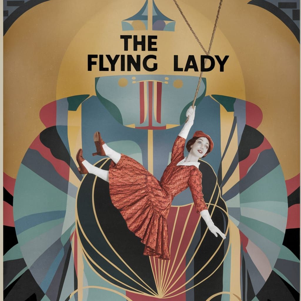 A movie poster for a comedy "The Flying Lady" with 1920s silent screen star Gladys Walton swinging on a trapeze. art dec...