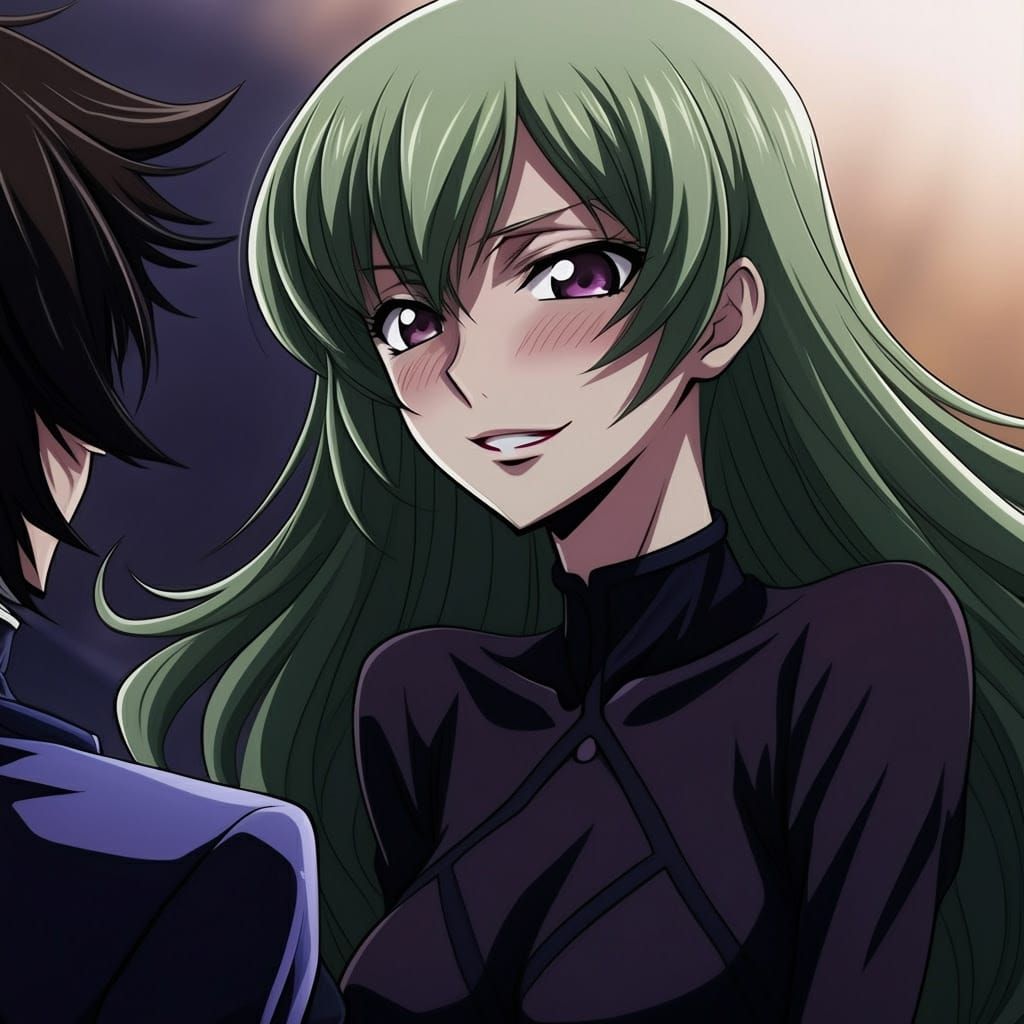 C.C. from Code Geass teasingly flirting with Lelouch with a mischievous grin.