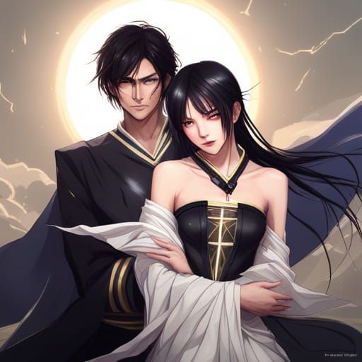 Lightning-Clad Figures with Moon and Butterfly, Detailed Por...