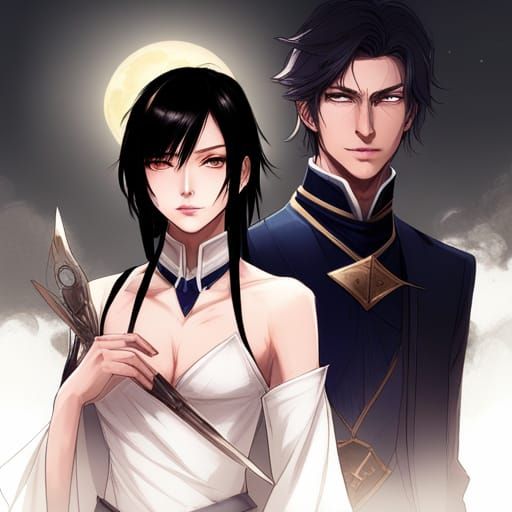 Lightning-Clad Figures with Moon Backdrop, Hyperdetailed Art