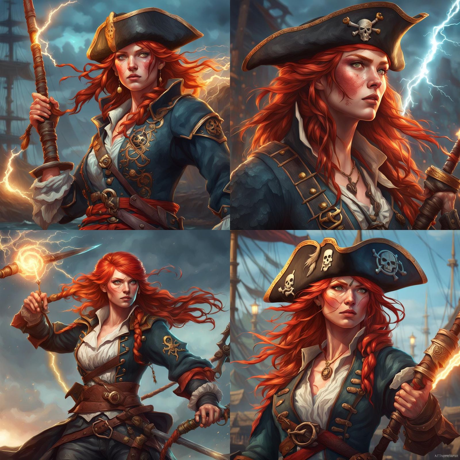 Redhead Pirate with Lightning Staff, Detailed Portrait