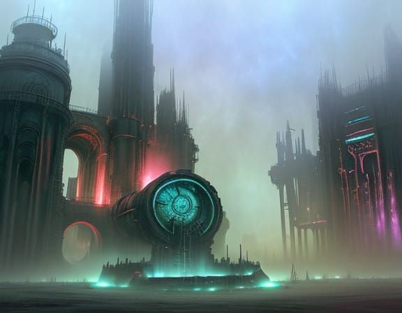 Gritty Dark Fantasy Time Machine Building in Retro-Futuristi...