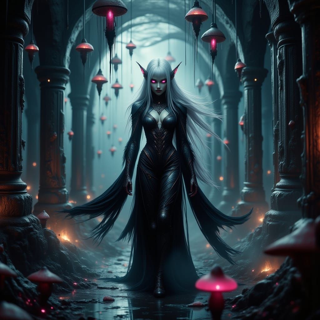Drow Elf Maiden Lost in Ancient Underground City