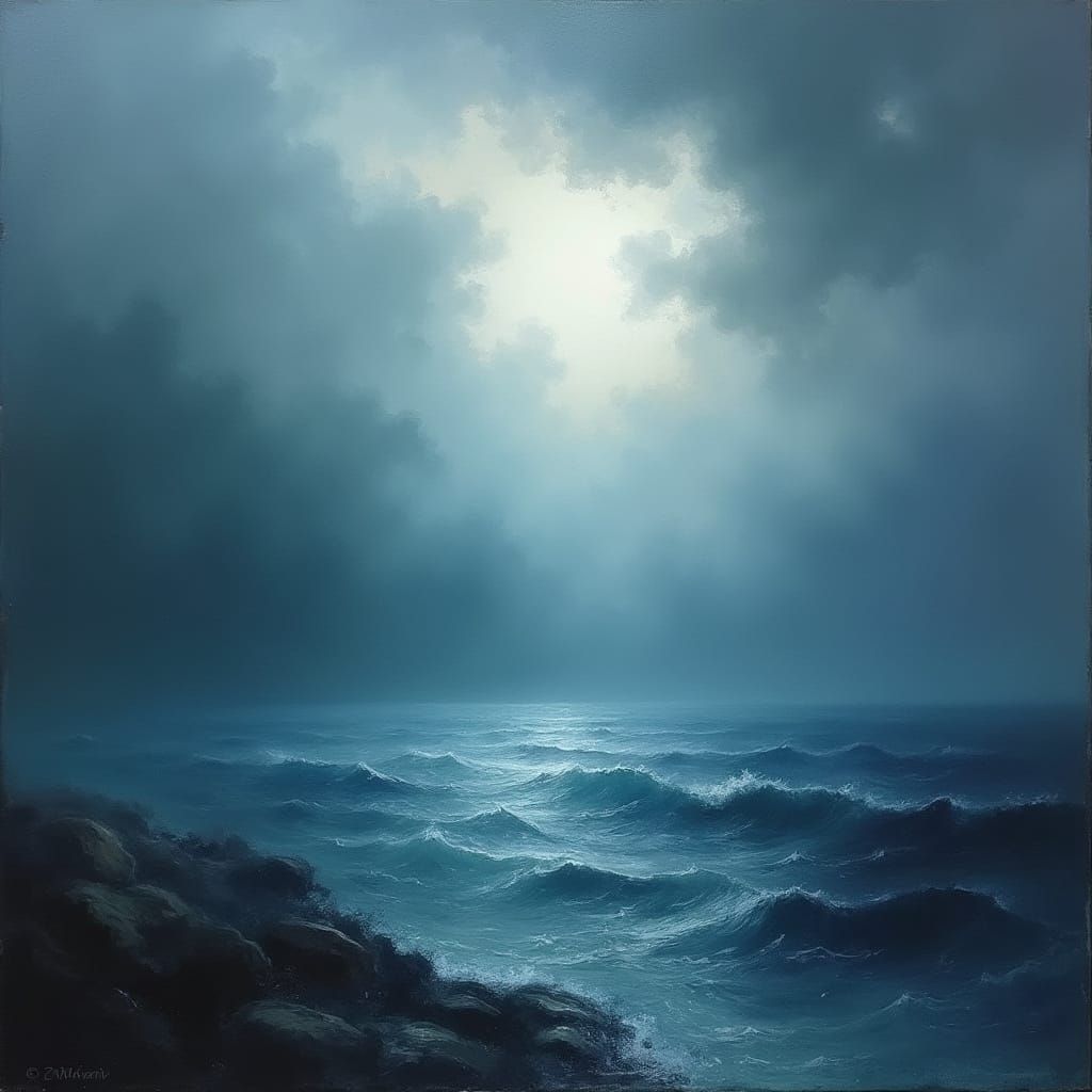 Moody Atmospheric Sea Under Tempestuous Sky