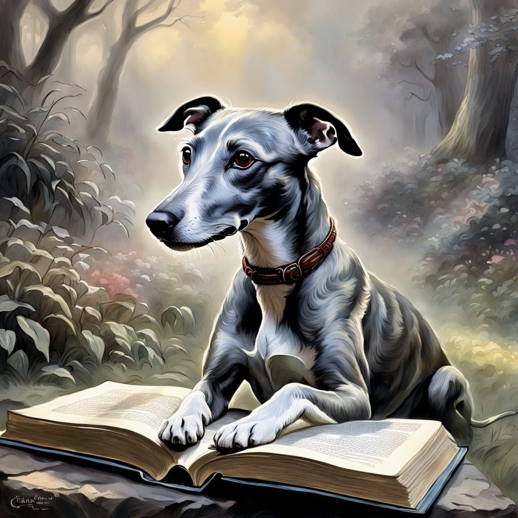 Whippet Dog on Book: Ethereal Gouache Fantasy