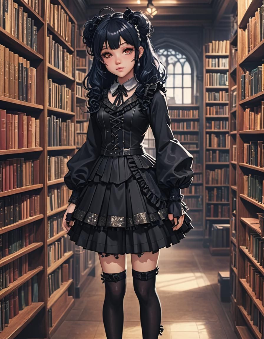 Goth Girl in Dark Academia Outfit at Library