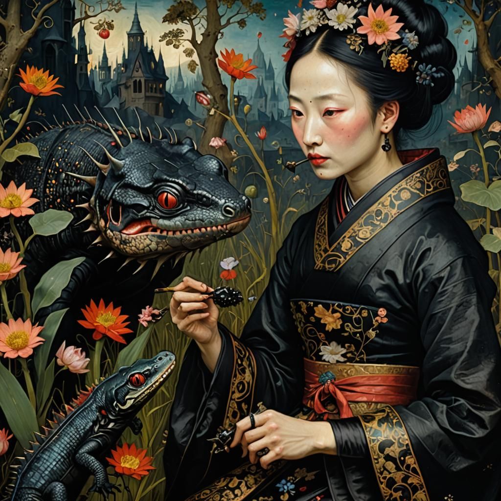 Close up Gothic Art Vivid Exquisitely Detailed 16th century Goth hyperrealism Black Goth Geisha Feeding Her goth Pet Gil...