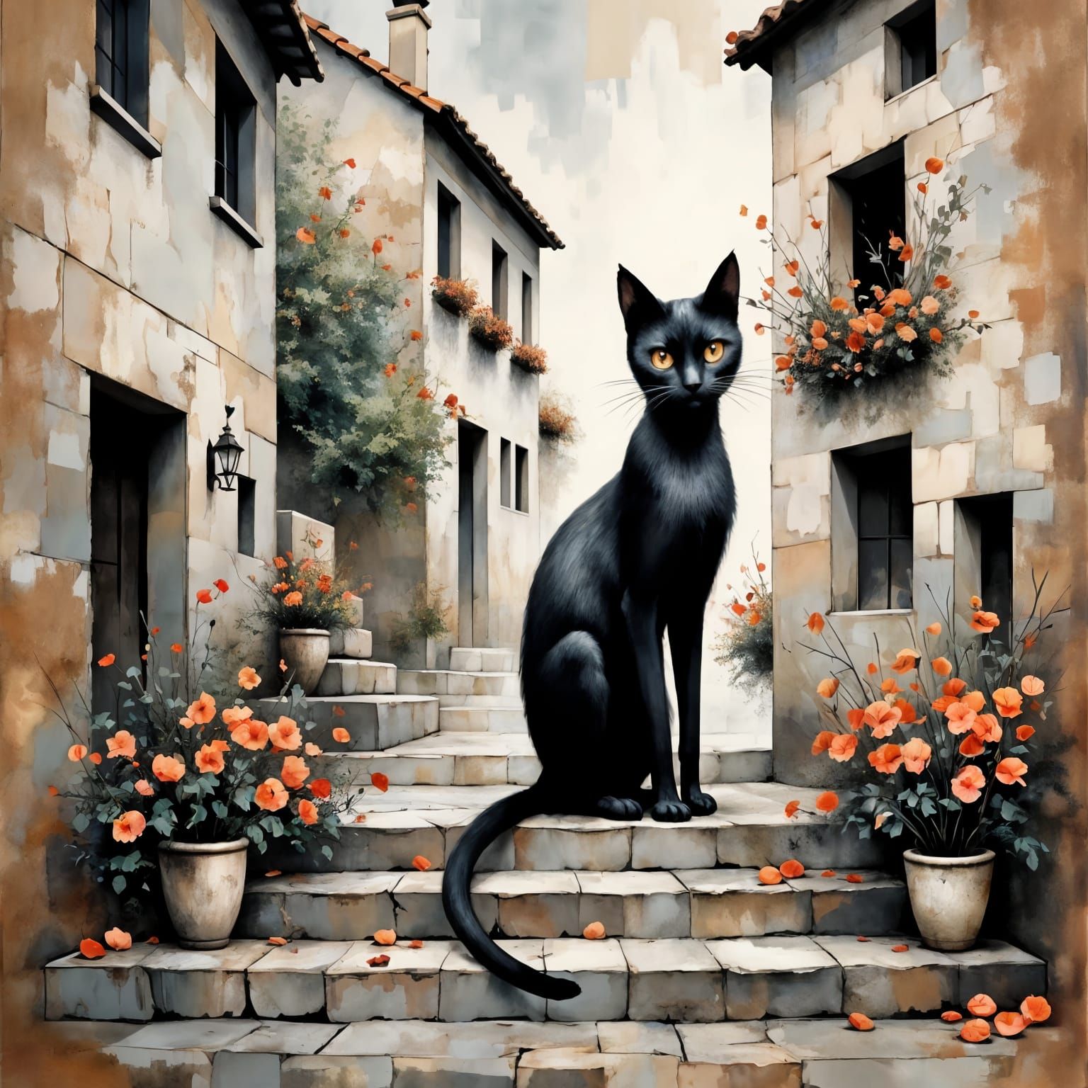 Giant Black Cat in Medieval Alley, Ink Drawing