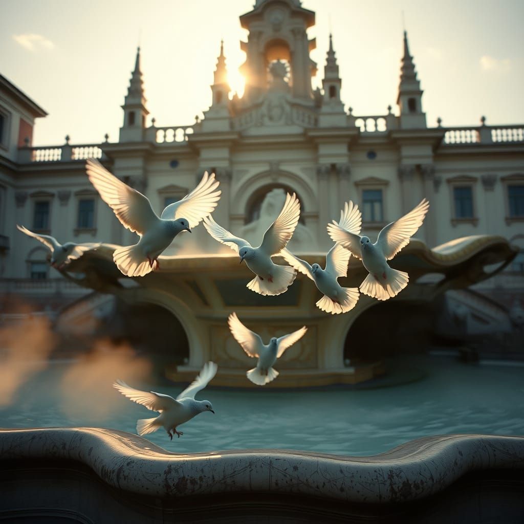 Majestic Doves in a Grand Baroque Fountain Scene