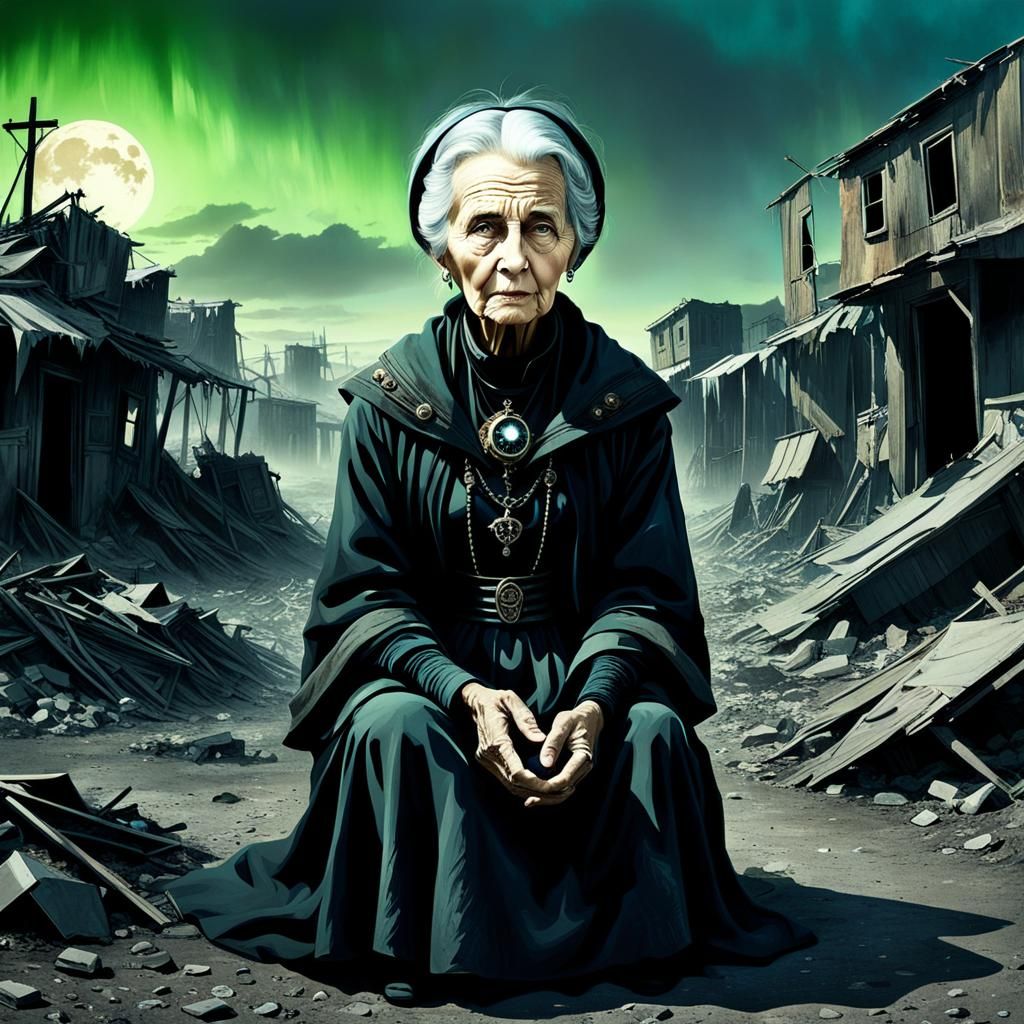 Dystopian Wasteland: Older Woman Begging