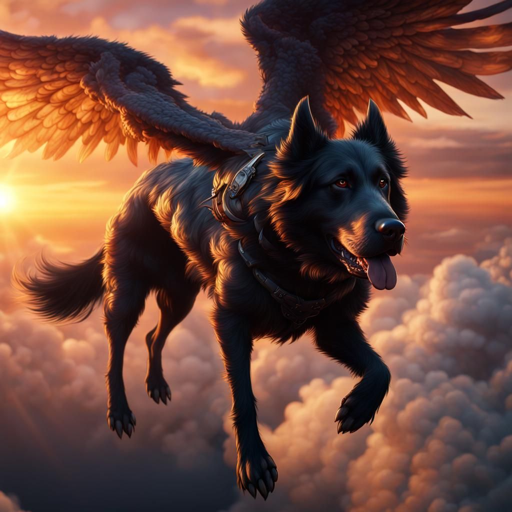 Winged Dog Sunset Flight: Fantasy Concept Art