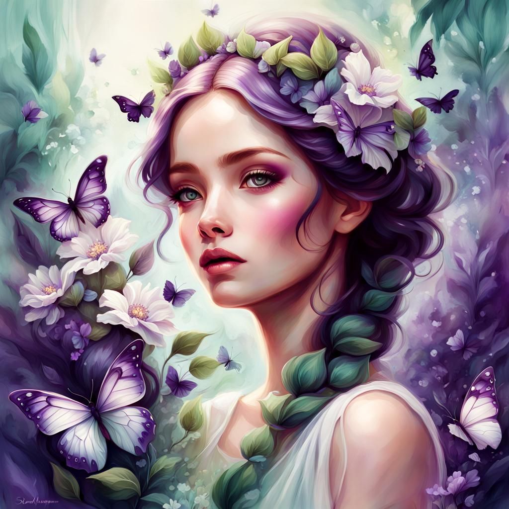 Ethereal Woman with Flowers: Fantasy Art Nouveau