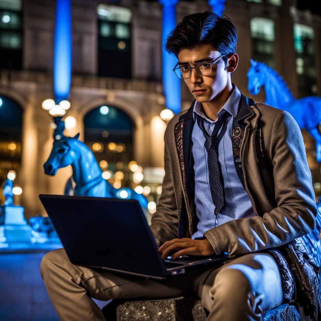 Hyperrealistic Night Scene: Student with Laptop