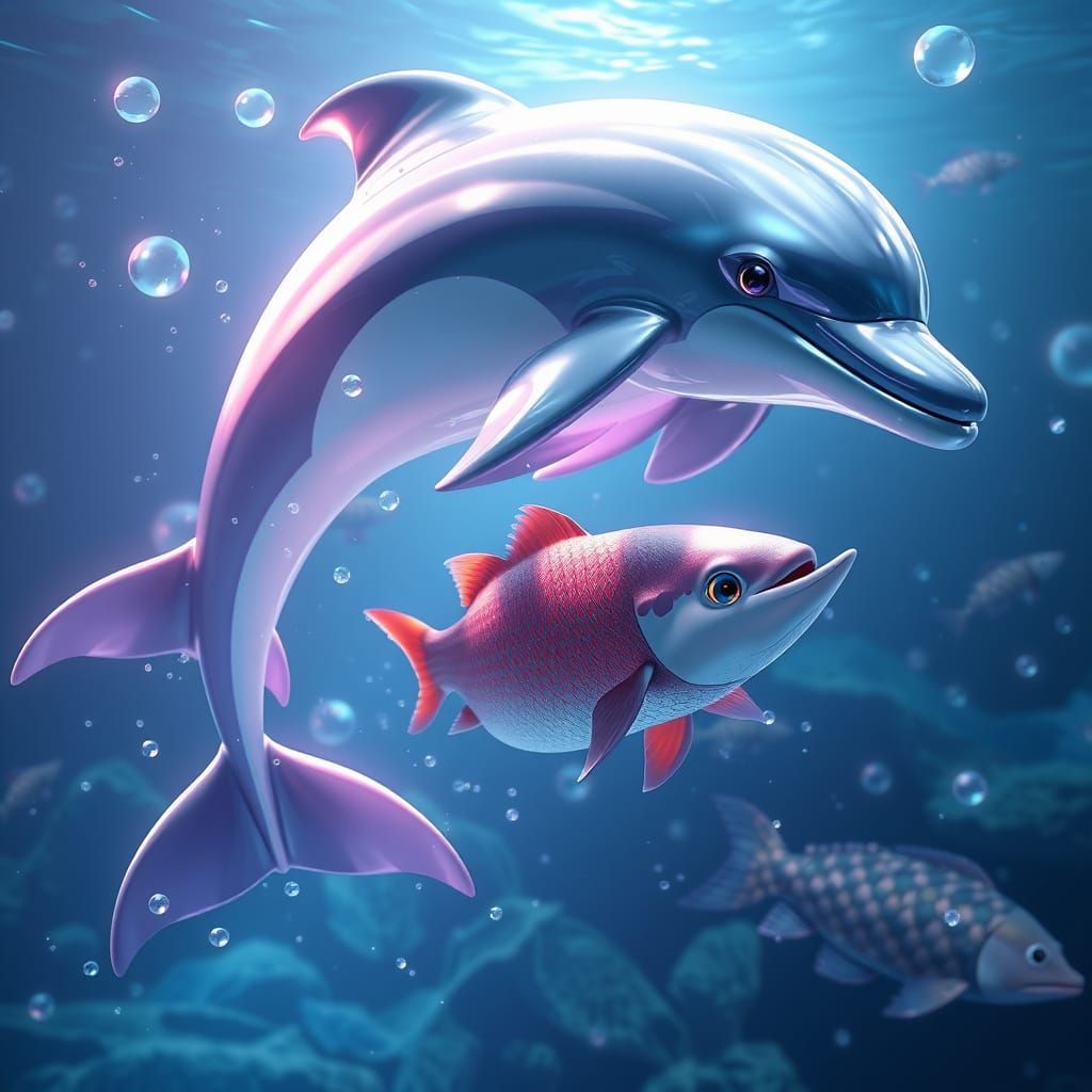 Dolphin and Fish in Anime Style 3D Art
