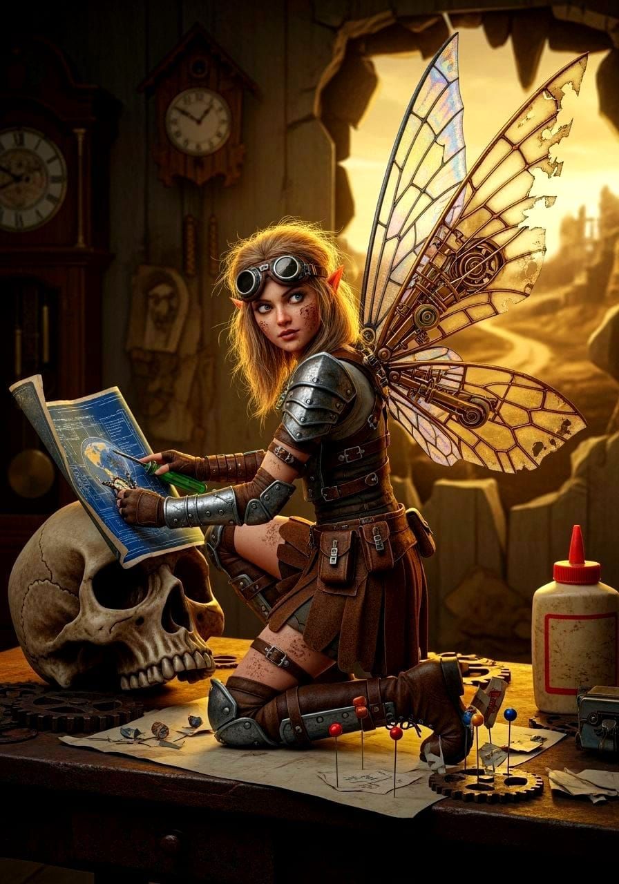 Fairy Warrior Repairs Wing in Ruined Clock Store