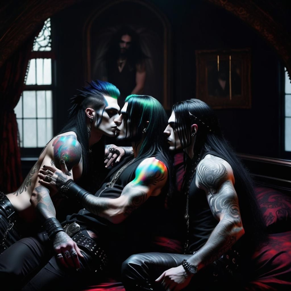 Gothic Painting of Three Men Kissing