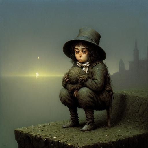 Victorian Era Boy Wields Crutch in Haunting Landscape