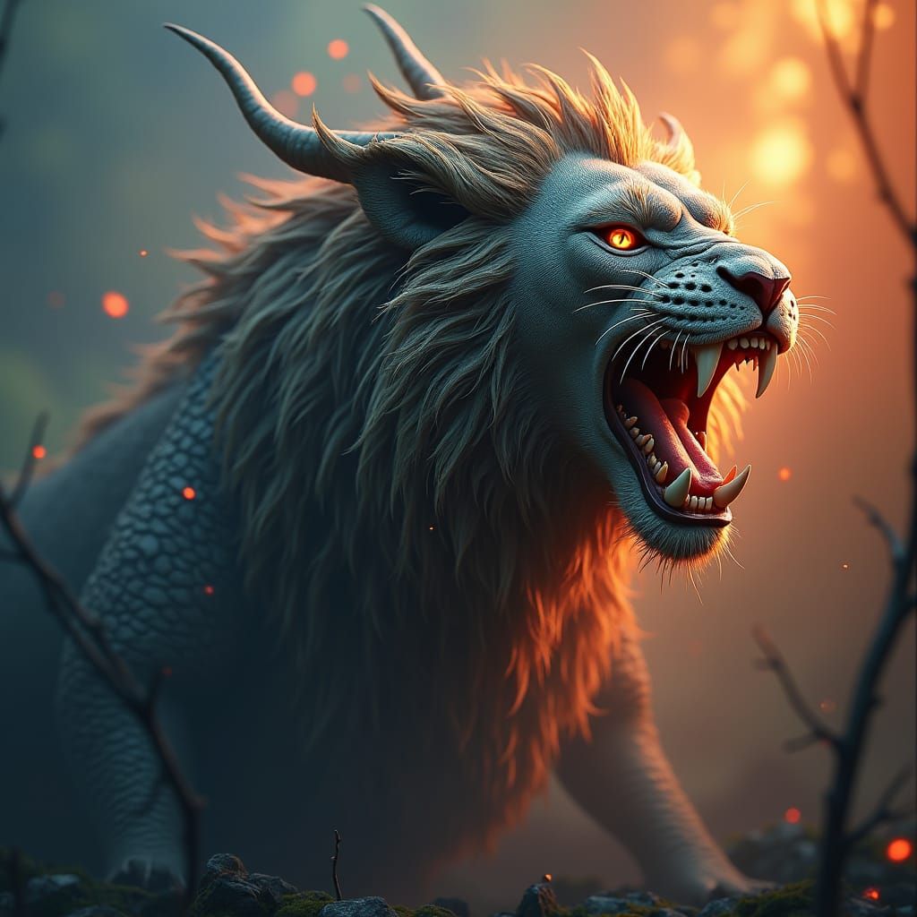Lion-Dragon Hybrid in Horror Landscape: Fantasy Concept Art