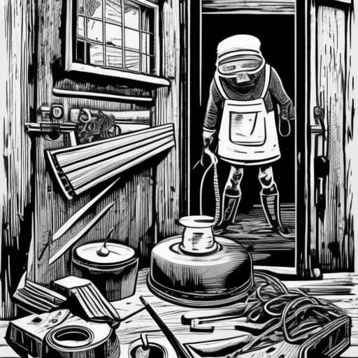 Architect Forging Keys as Linocut Art