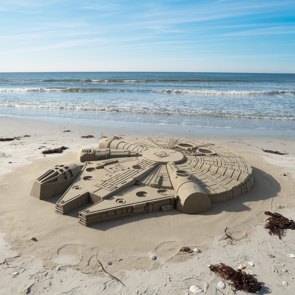 Beachside Millennium Falcon Sand Sculpture Under Clear Blue ...