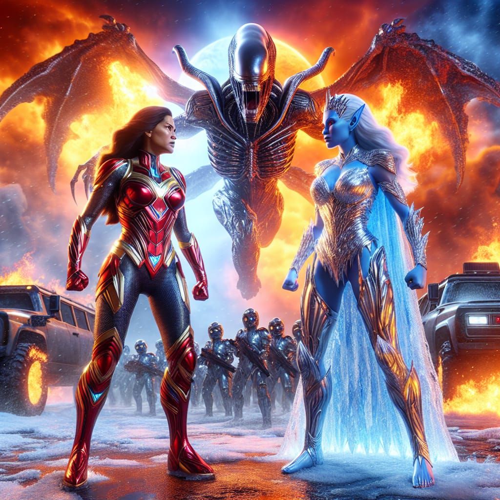Standoff superhero and human army and Ice Goddess and Xenomorph kaiju, earth invasion