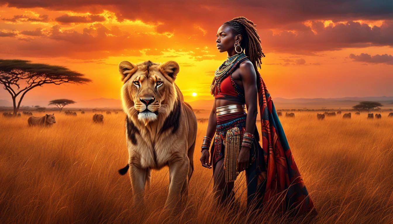 A full-body Afrofuturistic porttrait of a beautiful woman warrior in Massai style watching a lion pride in the savanna a...