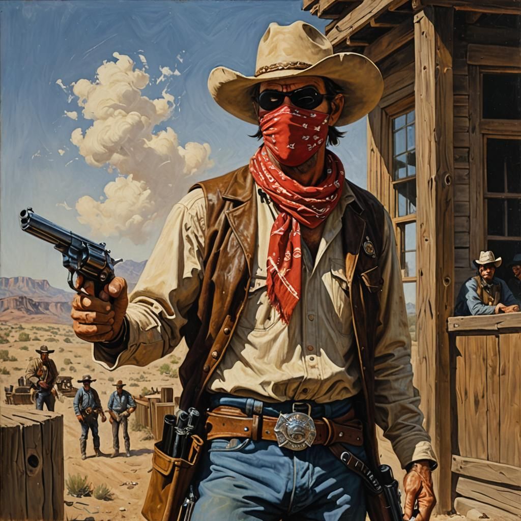 Cowboy Bank Robber with Bandana Mask in Oil Painting Style