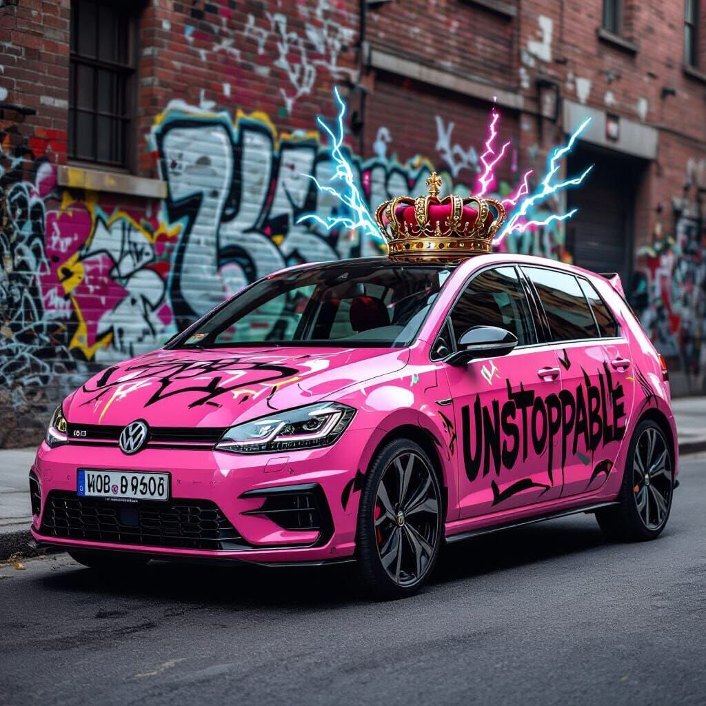Pink Graffiti Golf W Car with Lightning and Crown