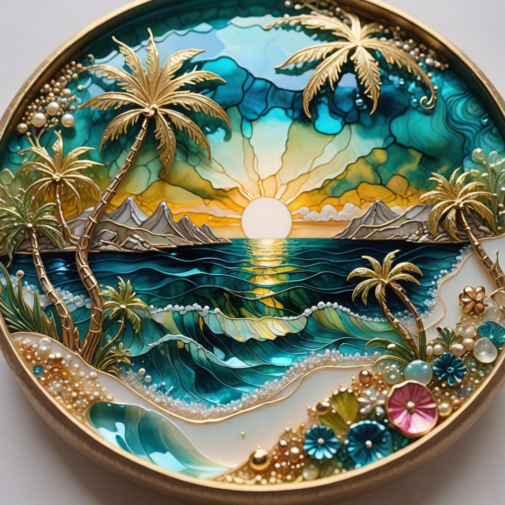 Tropical Island in Iridescent Alcohol Ink Glass
