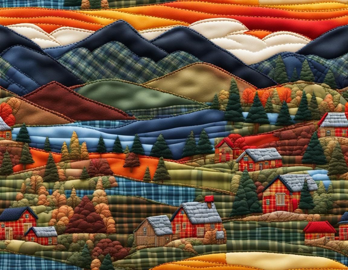 Tartan Plaid Landscape with Embroidery