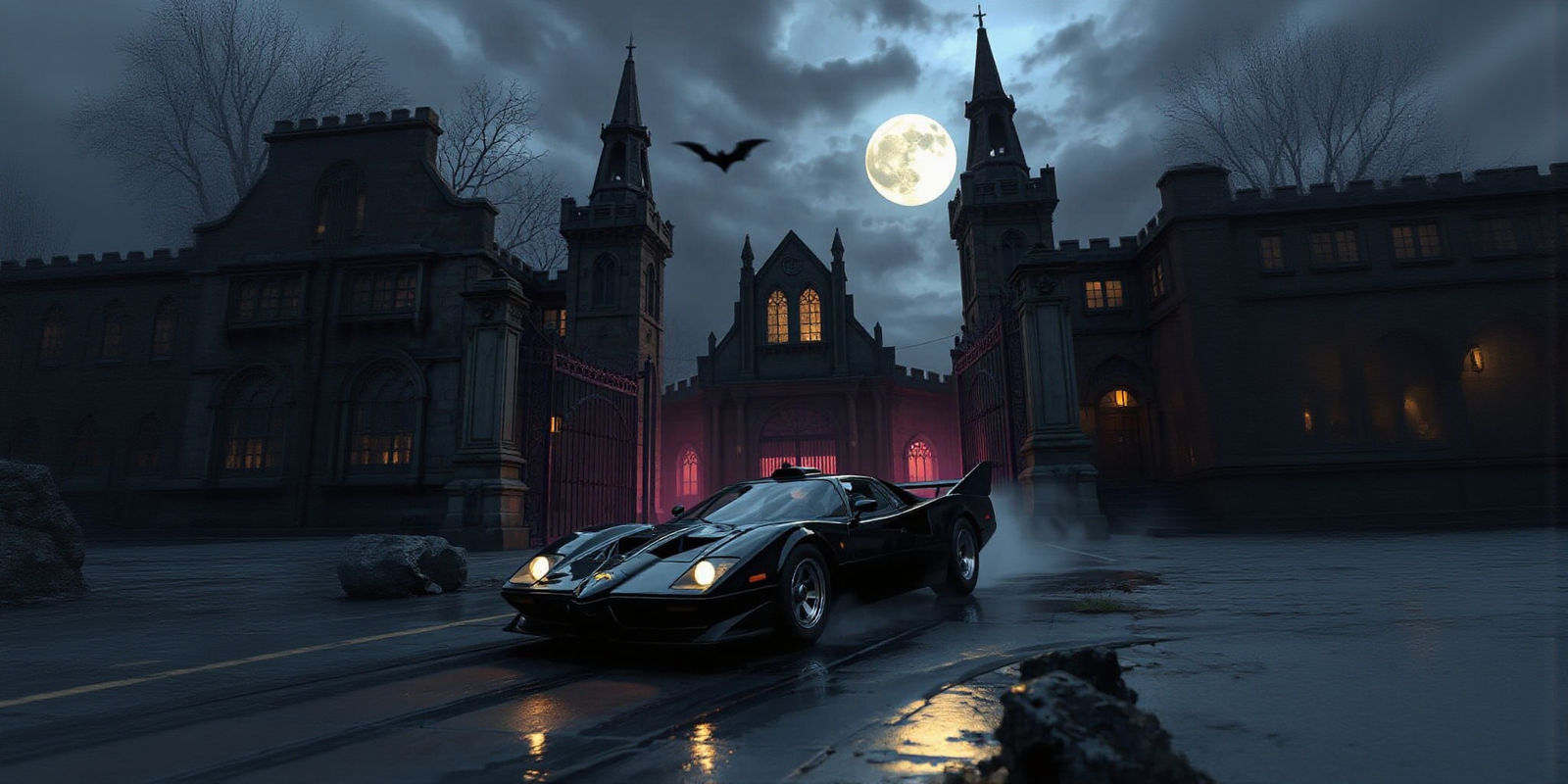 Sleek Batmobile Arrives at Arkham Asylum Under Eerie Moon