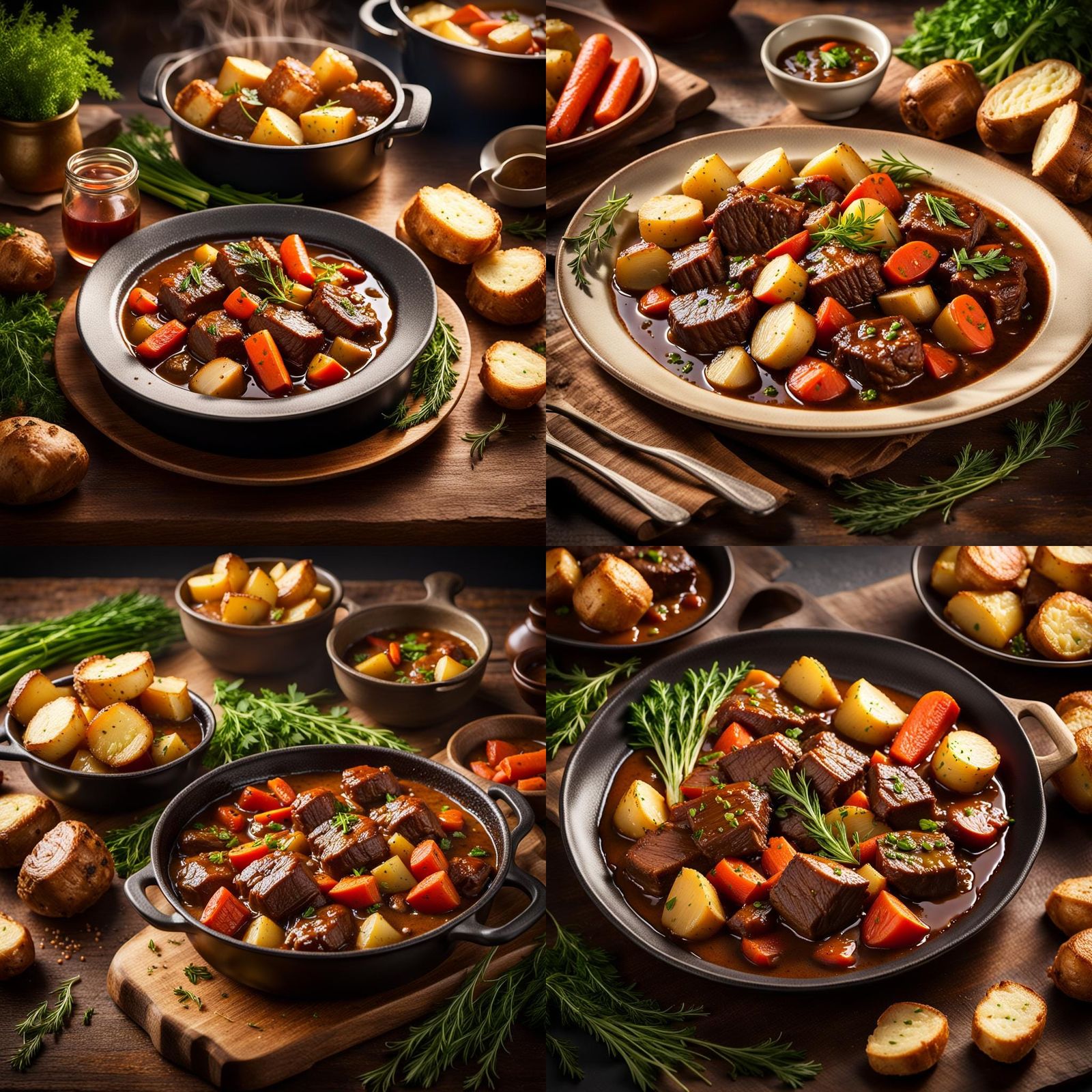 Delicious Beef Stew with Roasted Potatoes, Photorealistic