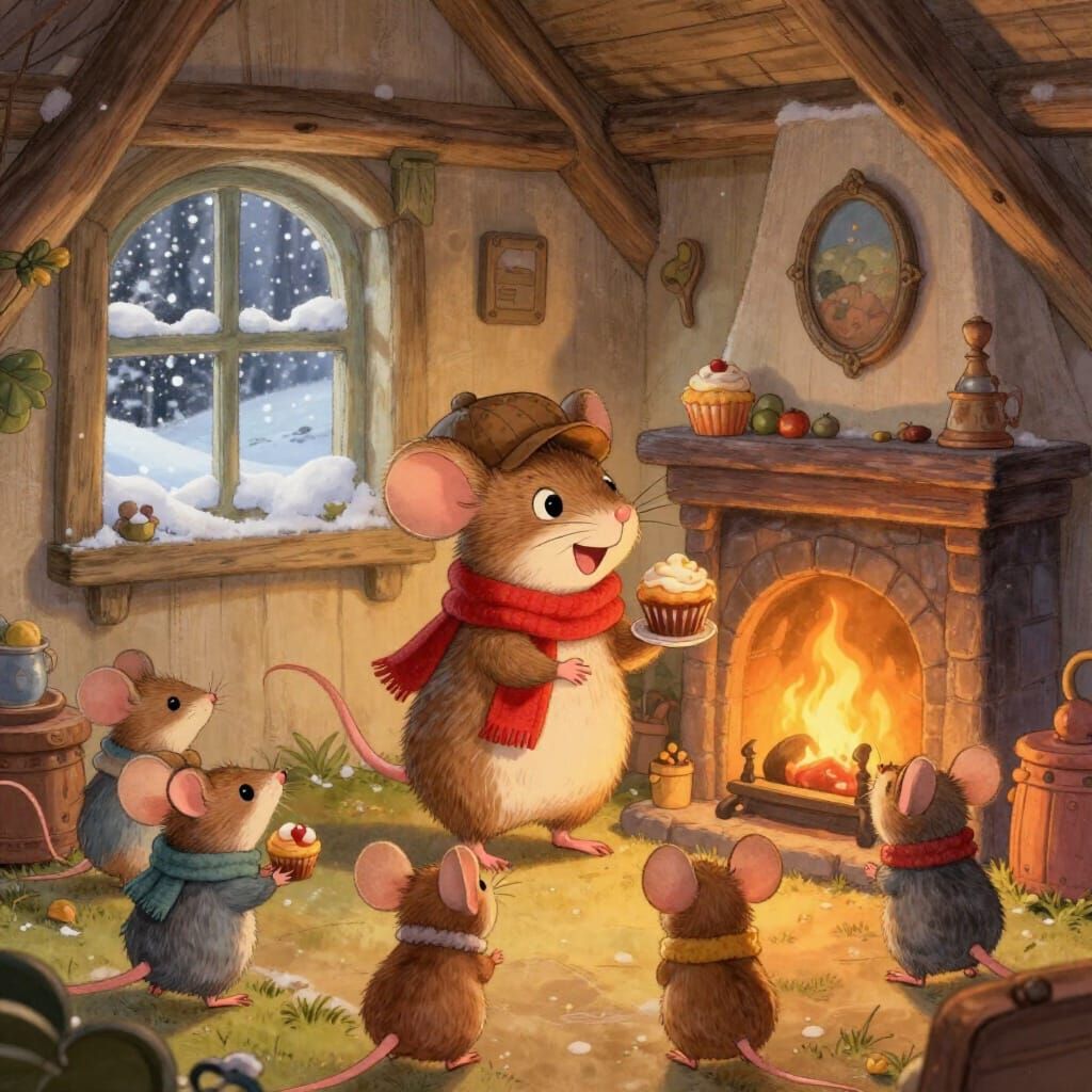 Whimsical Mouse Family Cozy Cottage Scene
