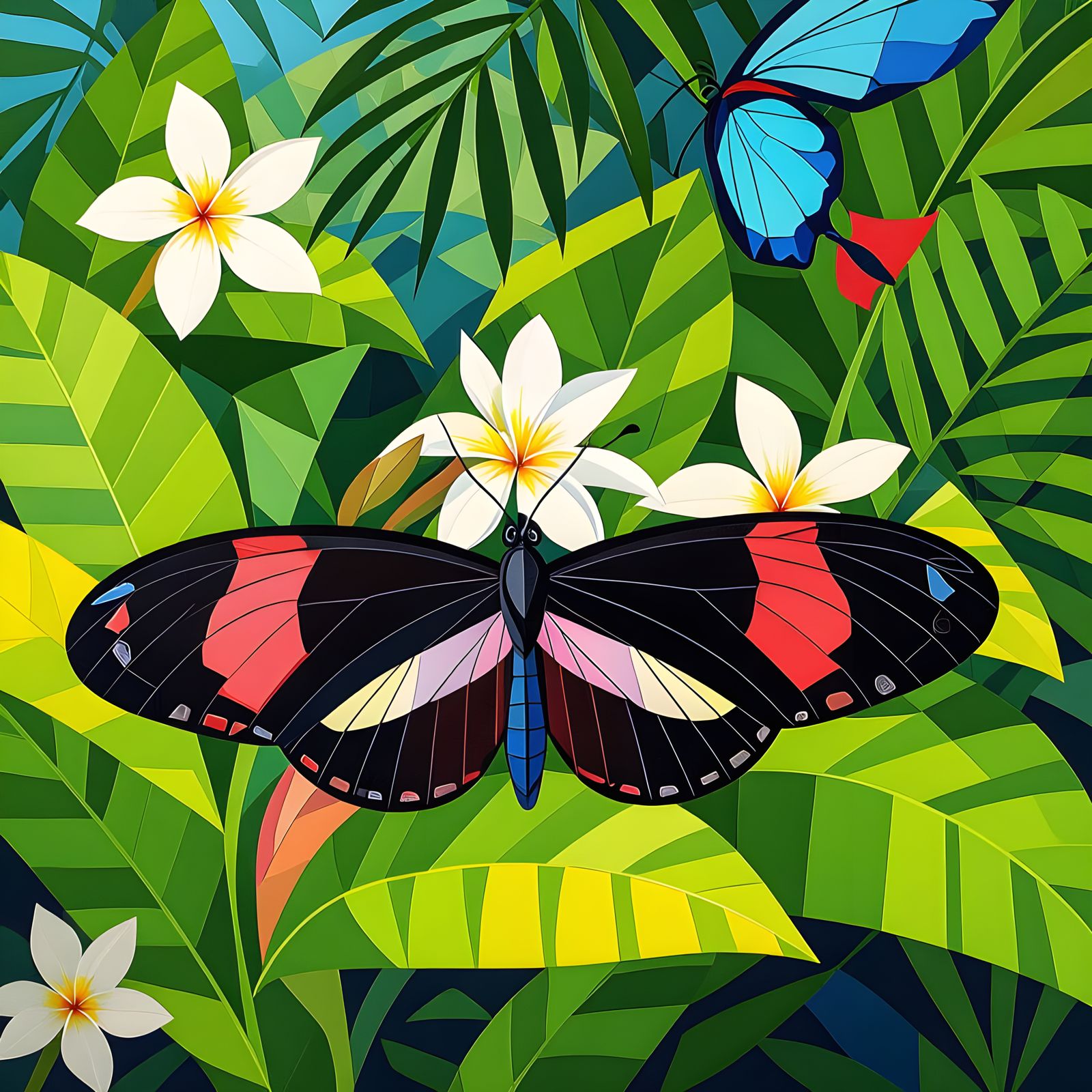 Neo-Cubist Butterfly in Tropical Jungle